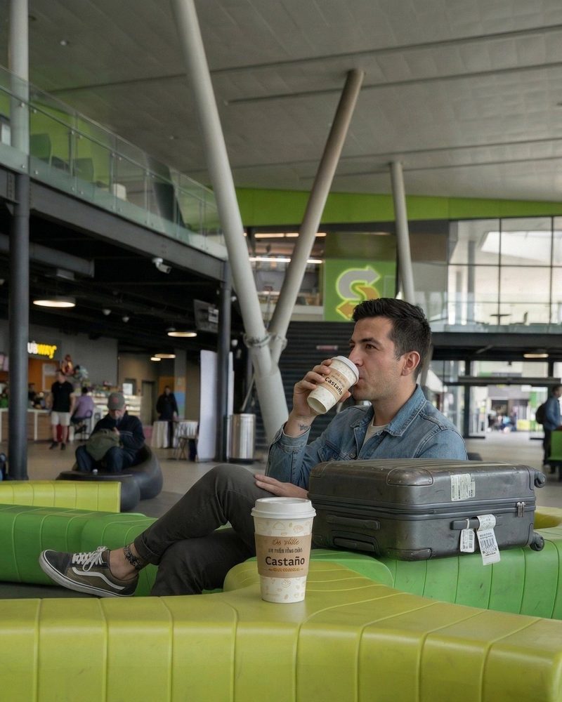 Pasajero tomando café en la sala de embarque